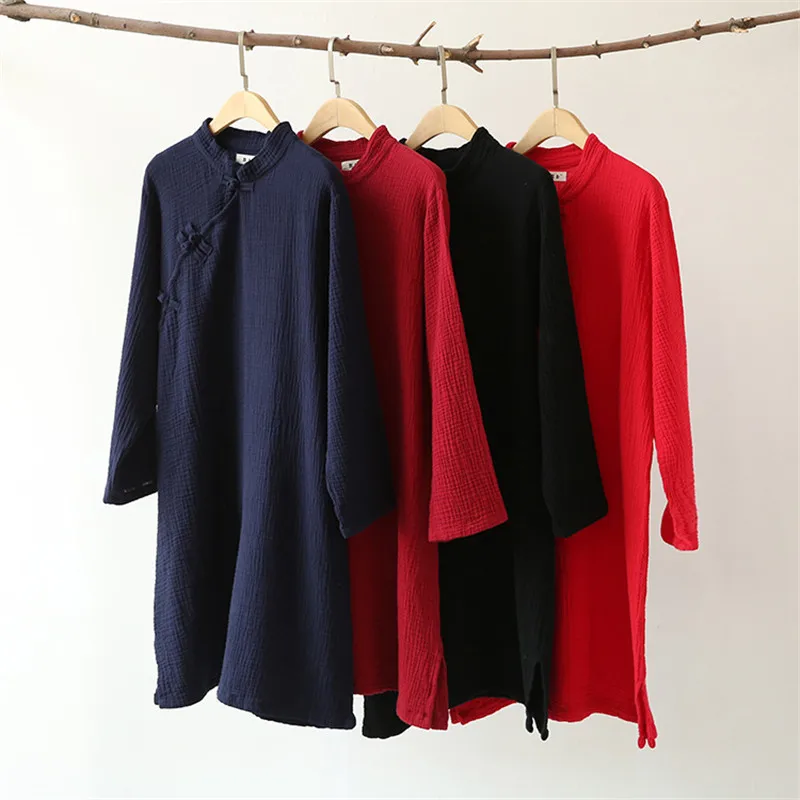 Women Cotton Linen Long Dress Solid Stand Collar Full Sleeve Dress 2022 Summer Maxi Dresses -