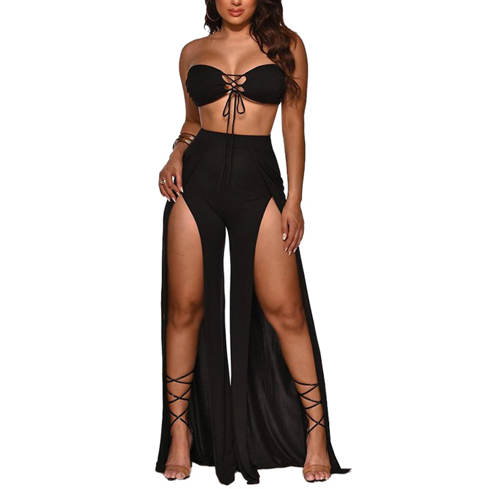 Summer Sexy 2 Pieces Suit Set Female Solid Color Sleeveless Strapless Crop Tops Loose Split Pants Streetwear Outfit
Summer Sexy 2 Pieces Suit Set Female Solid Color Sleeveless Strapless Crop Tops Loose Split Pants Streetwear Outfit