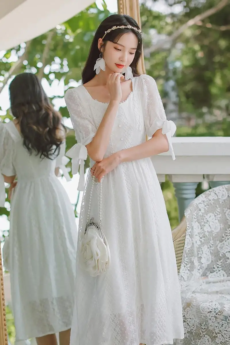 COIGARSAM French Style Women One-Piece Dress Korean High Waist Dresses White 1501