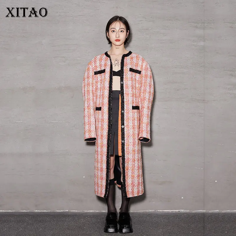 

XITAO New Women Blends Vintage Simplicity Contrast Color Splicing Long Sleeve Coat 2021 Autumn Winter Fashion All-match JL0037