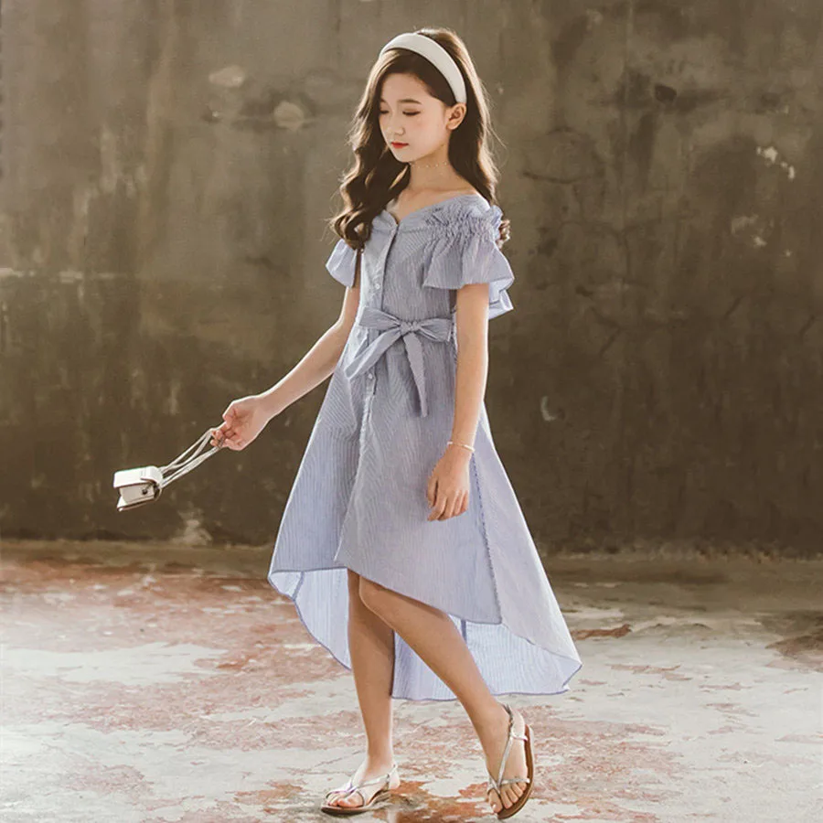 2021 Striped Ruched Short Sleeve Off Shoulder Dress Girls 4 To 13 Year Front Full Button Backless Asymmetrical Dresses With Belt
2021 Striped Ruched Short Sleeve Off Shoulder Dress Girls 4 To 13 Year Front Full Button Backless Asymmetrical Dresses With Belt