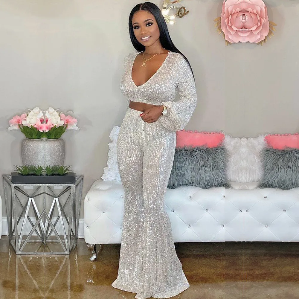 2021Fashion Outfit Summer Women Set Solid Sequins Full Puff Sleeve V-neck Crop Tops and Flare Pants Two 2 Piece Sets
2021Fashion Outfit Summer Women Set Solid Sequins Full Puff Sleeve V-neck Crop Tops and Flare Pants Two 2 Piece Sets