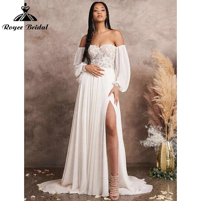 Simple A Line Boho Wedding Dress with Long Puff Sleeve Split Side Lace Chiffon Backless Sweetheart Formal Bridal Gown 2022
Simple A Line Boho Wedding Dress with Long Puff Sleeve Split Side Lace Chiffon Backless Sweetheart Formal Bridal Gown 2022
