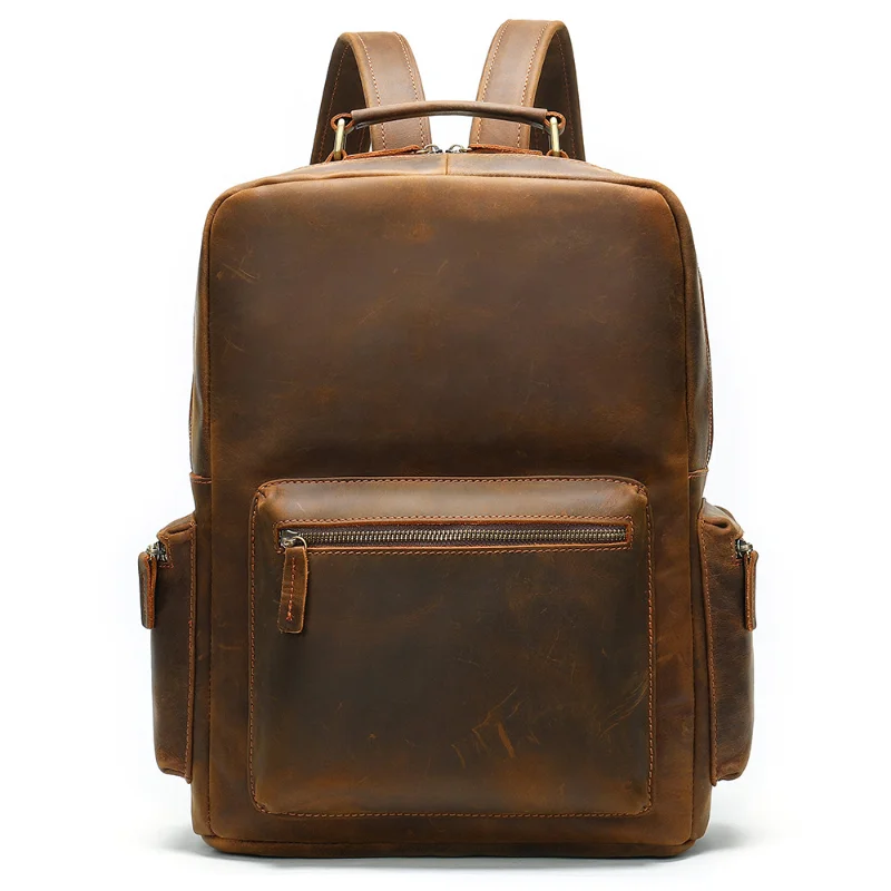 

Кожаный рюкзак в стиле ретро для мужчин, вместительный дорожный ранец из первого слоя воловьей кожи Крейзи Хорс на молнии, милый плечевой ре...