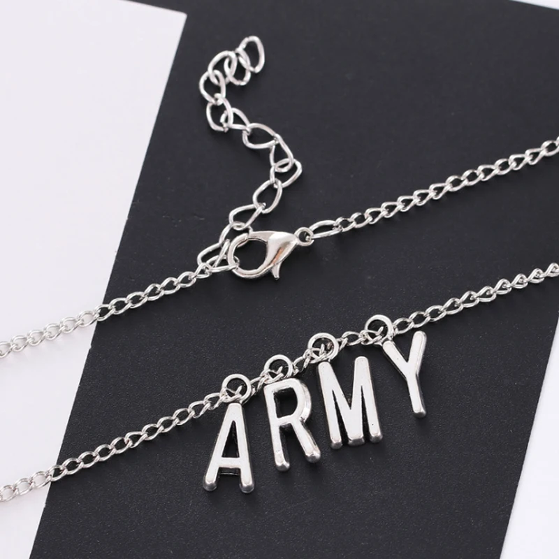 ARMY Chain Letter Pendant Choker Boys Punk Adjustable Long Necklace Korean Men Accessories Party Travel Gift 2020 Silver Color
ARMY Chain Letter Pendant Choker Boys Punk Adjustable Long Necklace Korean Men Accessories Party Travel Gift 2020 Silver Color