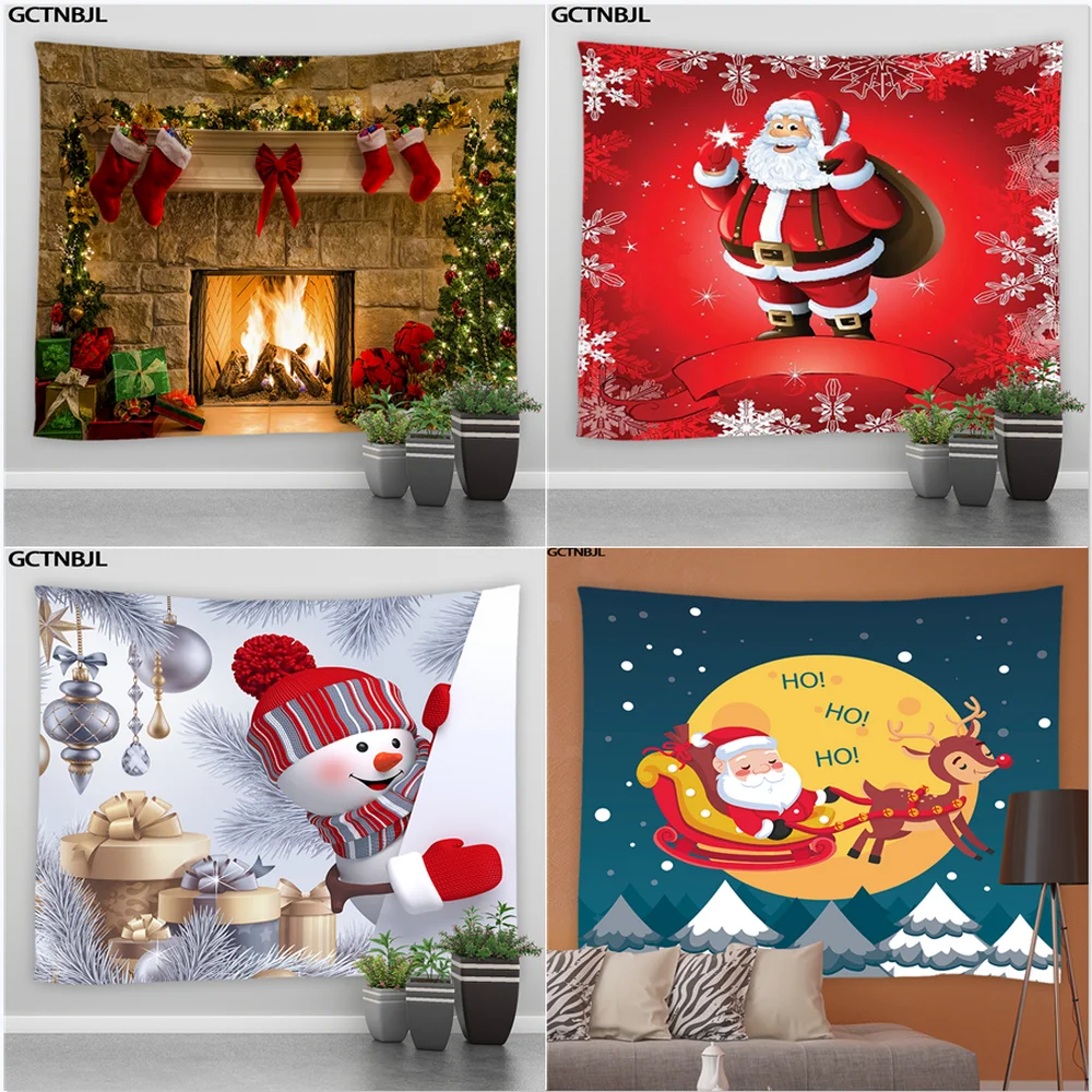 

Christmas Tapestry Wall Hanging Santa Claus Snowman Elk Fireplace Cartoons Tapestries Living Room Bedroom Background Home Decor