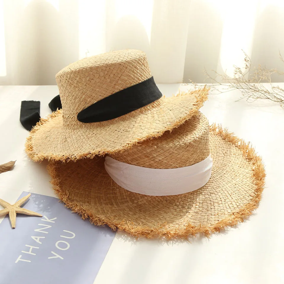 

Шляпа из рафии Женская ручной работы, плетеная Соломенная Панама от солнца с лентой и широкими полями, уличная пляжная летняя шапка с плоским верхом, 9-11 см, 100%