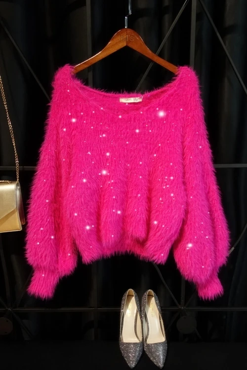 2021 New Fashion Loose Lantern Sleeves Sequins Knitted Mink Hair Thickening Warm Sweater Female Short Knitwear Tops
2021 New Fashion Loose Lantern Sleeves Sequins Knitted Mink Hair Thickening Warm Sweater Female Short Knitwear Tops