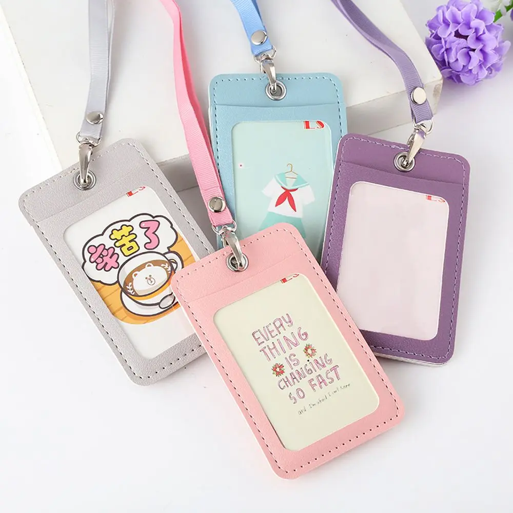 1pc Leather Card Holder Neck Strap with Lanyard Badge Staff Identification Bus ID Holders Kawaii Stationary Gifts |