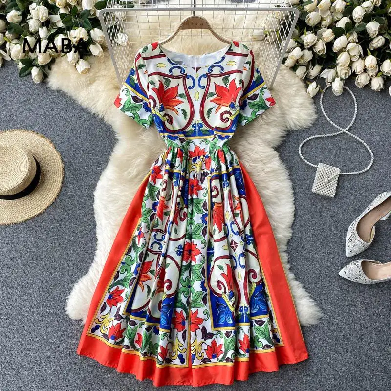 Summer new women's o-neck medium long dresses short sleeve collect waist Vintage Print A-line dress elegant vestidos oversized
Summer new women's o-neck medium long dresses short sleeve collect waist Vintage Print A-line dress elegant vestidos oversized
