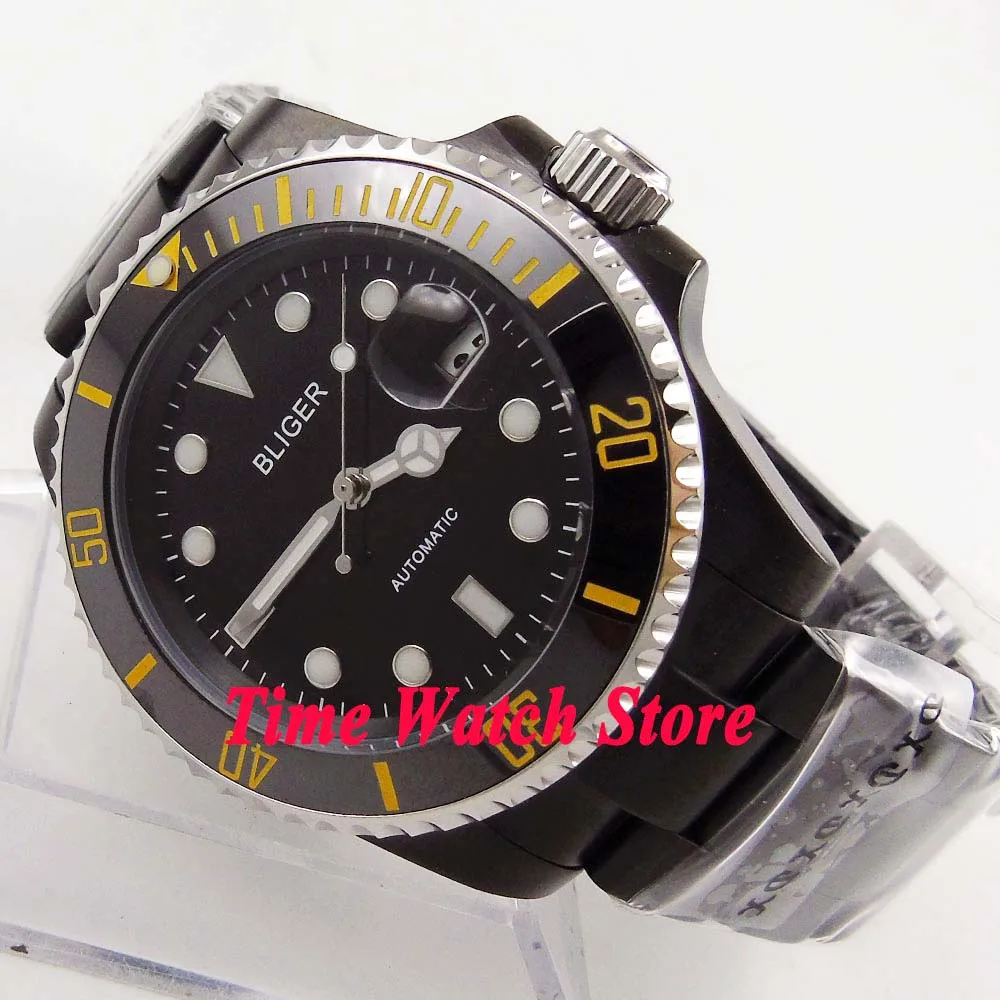 

Bliger 40mm Miyota 8215 PVD Coated Automatic Watch For Men Sapphire Glass Black Dial Date Luminous Ceramic Bezel Cyclops