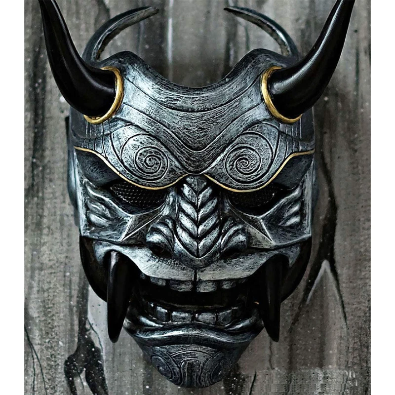 

Japanese Style Scary Demon Mask 8 Color Evil Hell Horn Night Devil Cosplay Props Hyakki Yayuki Halloween Terror Accessories 2021