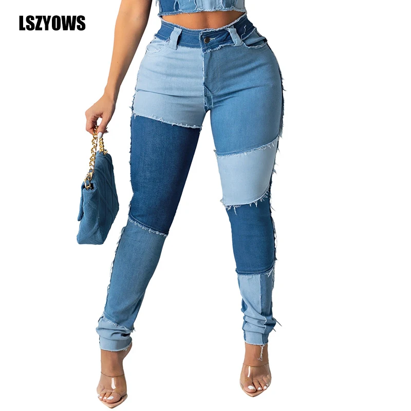

Модные Цветные блочные джинсы, женские узкие джинсы в стиле пэчворк с высокой талией, винтажные джинсовые брюки-карандаш, Повседневная Улич...
