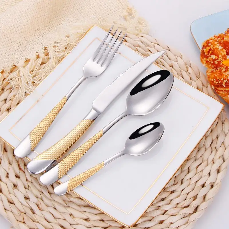 304 Stainless Steel Cutlery Thick Handle Titanium Plated Gold Mirror Spoon Fork Star Diamond Four Piece Cutler
304 Stainless Steel Cutlery Thick Handle Titanium Plated Gold Mirror Spoon Fork Star Diamond Four Piece Cutler