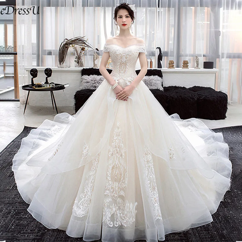 

2020 Wedding Dress Luxry Beading Monarch Train Wedding Gown Boat Neck Lace Emboridery Bridal Dress Corset Robe de Mairee OY-D902