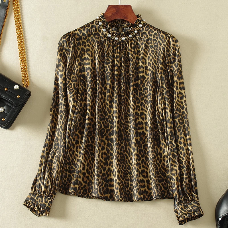 Real Silk Women's Shirt Spring Autumn Elegant Beading Stand Collar Long Sleeve Loose Woman Tops Female Leopard Print Blouse
Real Silk Women's Shirt Spring Autumn Elegant Beading Stand Collar Long Sleeve Loose Woman Tops Female Leopard Print Blouse