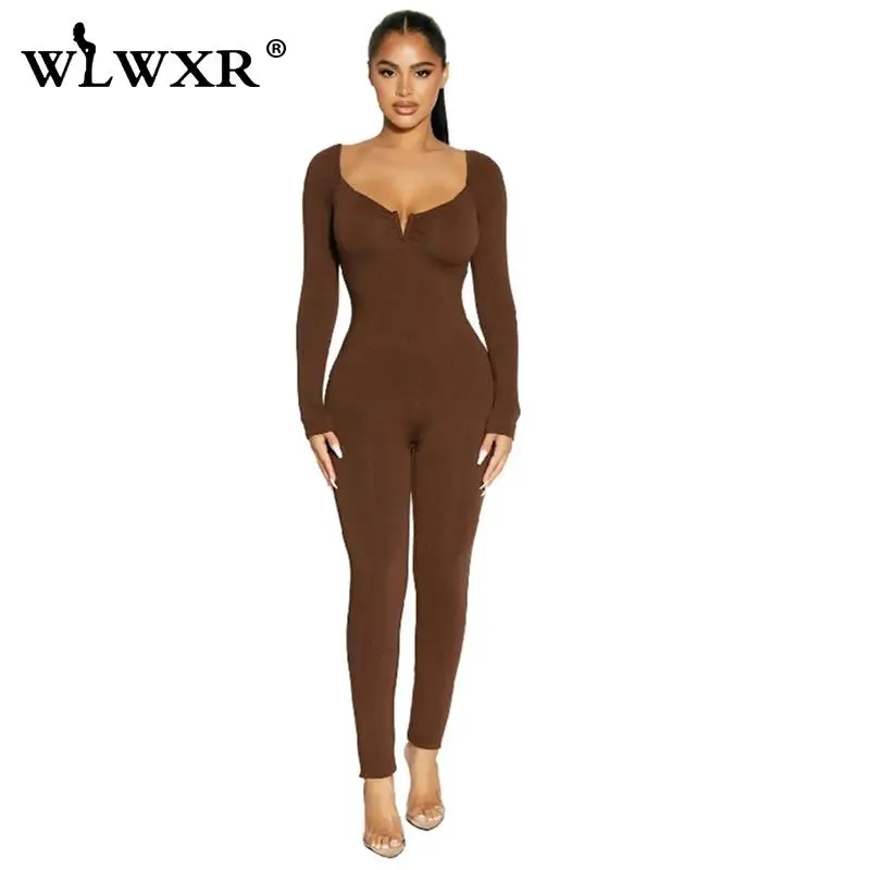 

WLWXR осенний Черный Облегающий комбинезон, базовый цельный костюм для фитнеса для женщин 2021, коричневый Облегающий комбинезон с V-образным вы...