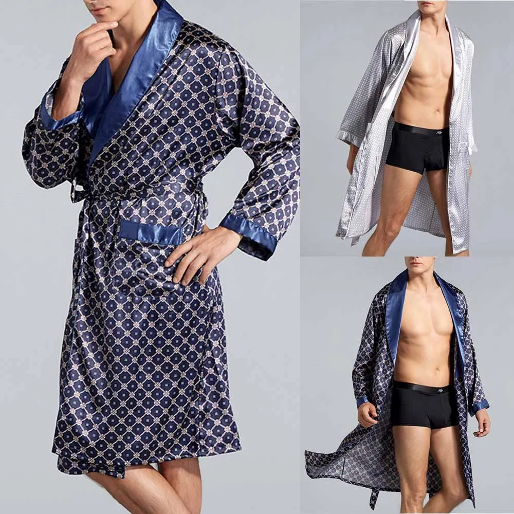 

Mens Satin Silk Luxury Pajamas Kimono Bathrobe Robe Dressing Gown Pjs Loungewear Men's One-Piece Simulation Silk Nightgown