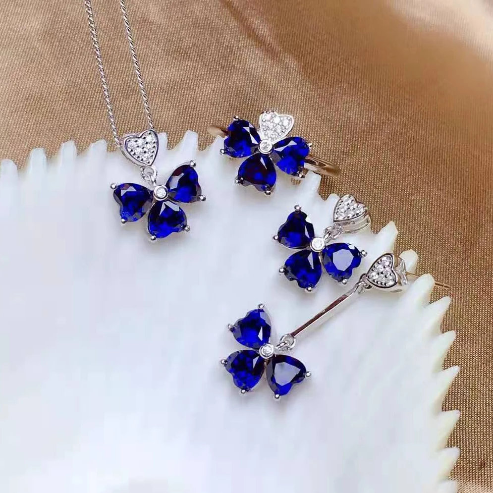 Natural Sapphire S925 Sterling Silver Lucky Clover Ring Pendant Necklace Earrings Set Fine Fashion Jewelry for Women MeibaPJFS
Natural Sapphire S925 Sterling Silver Lucky Clover Ring Pendant Necklace Earrings Set Fine Fashion Jewelry for Women MeibaPJFS