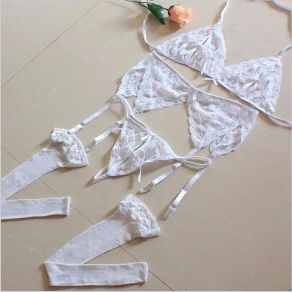 

Women Hot Sexy Transparent Bra + Brief + Stockings + Sling Lingerie Lace Bra Set Nightgown Erotic Underwear Intimate Sex Clothes