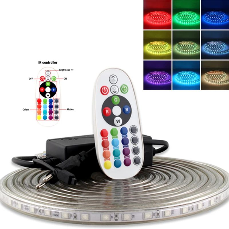 

RGB 220V LED Strip Light Set SMD 5050 Ribbon Waterproof Remote Control Neon Strip Tape 60led/m Flexible Led Strip for Home Party