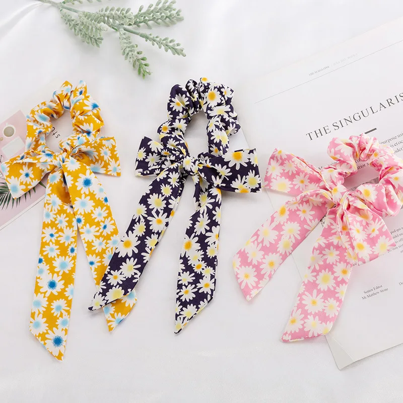 

Korean Version of The Small Chrysanthemum Print Bow Ribbon Hair Band Scrunchies Three-statel Headband Accessories Headdress