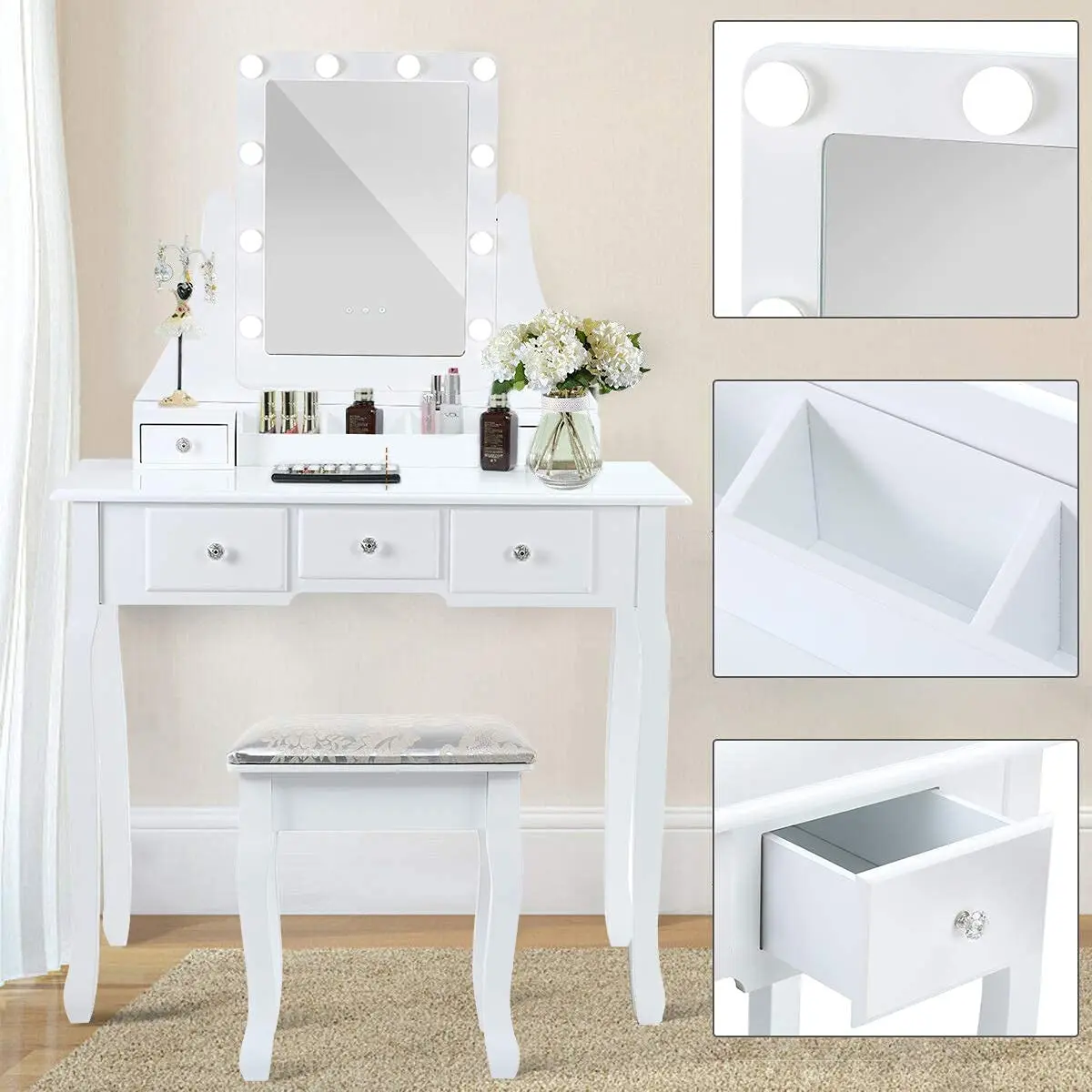 Yonntech Wood Nordic Vanity Table Dressing Table Mirror 5 Drawers Furniture White w/ Stool LED Dimmable Bulbs
Yonntech Wood Nordic Vanity Table Dressing Table Mirror 5 Drawers Furniture White w/ Stool LED Dimmable Bulbs