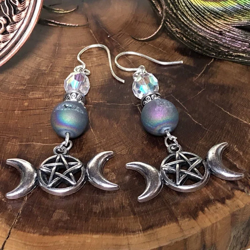 Triple Moon Pentagram Earrings - Pagan Jewelry Goddess Wicca Heathen Elemental Full Earring | Украшения и аксессуары
