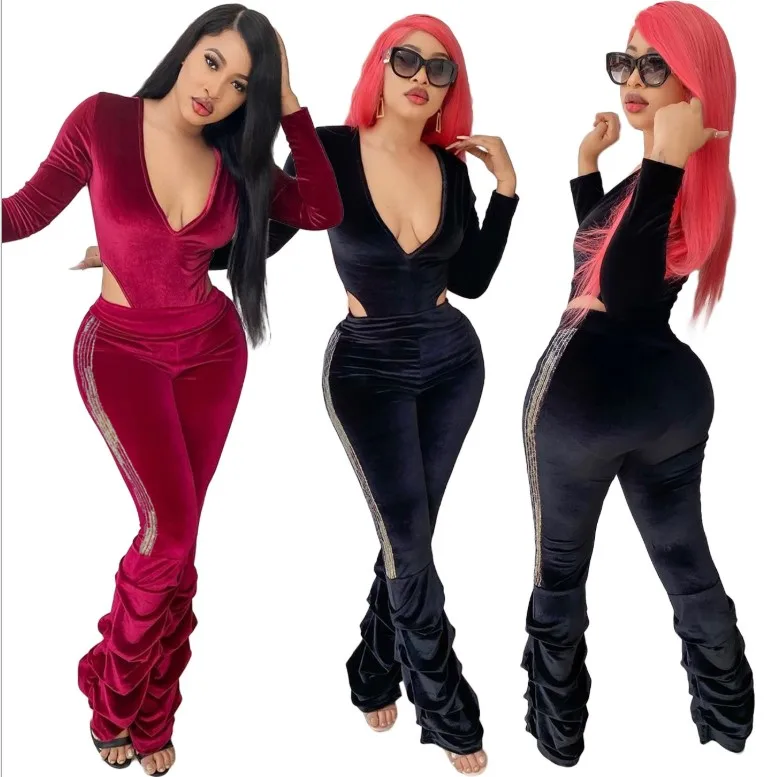 2020 Fall women clothing bodysuit top and stack pants two pieces two piece 2 piece set velvet outfit
2020 Fall women clothing bodysuit top and stack pants two pieces two piece 2 piece set velvet outfit