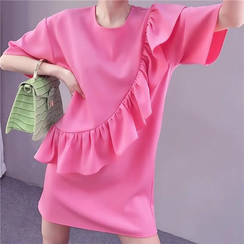 Women's Summer 2022 New Pink Ruffle Gentle Wind Straight Tube Loose Thin Short Sleeve Temperament Ice Silk 
Women's Summer 2022 New Pink Ruffle Gentle Wind Straight Tube Loose Thin Short Sleeve Temperament Ice Silk