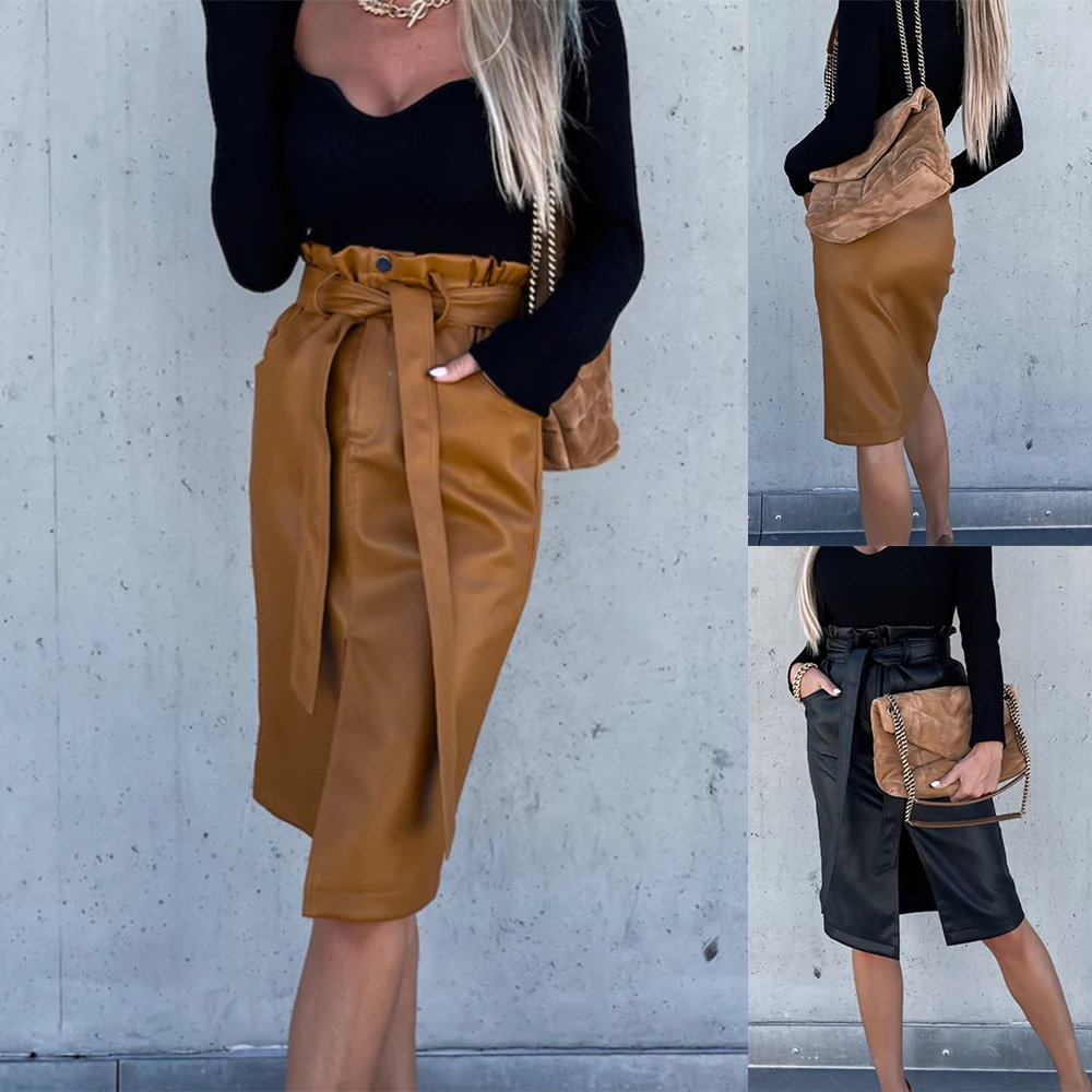 Women Bodycon Classic Pu Ruffle Skirt Clothes Knee Length Leather Skirt Pockets Solid Color Office Ol Bottom Skirt
Women Bodycon Classic Pu Ruffle Skirt Clothes Knee Length Leather Skirt Pockets Solid Color Office Ol Bottom Skirt