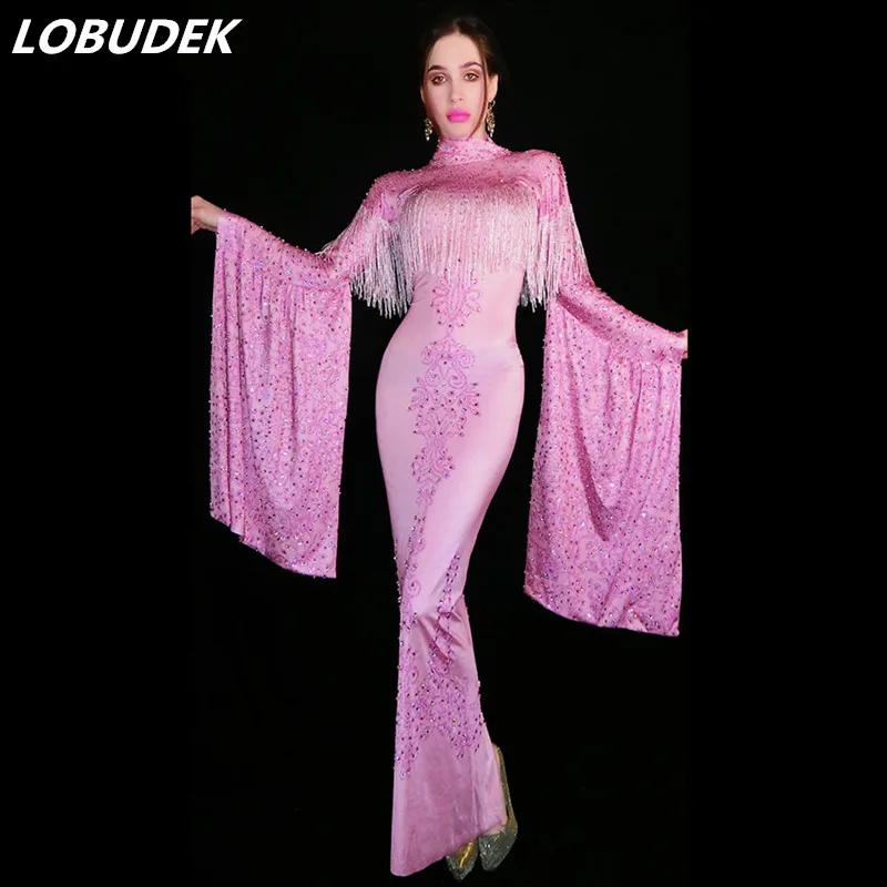 Singer Dancer Stage Costume Pink Tassel Rhinestones Wrap Hips Long Dress Women Birthday Celebrate Evening Party Costume
Singer Dancer Stage Costume Pink Tassel Rhinestones Wrap Hips Long Dress Women Birthday Celebrate Evening Party Costume