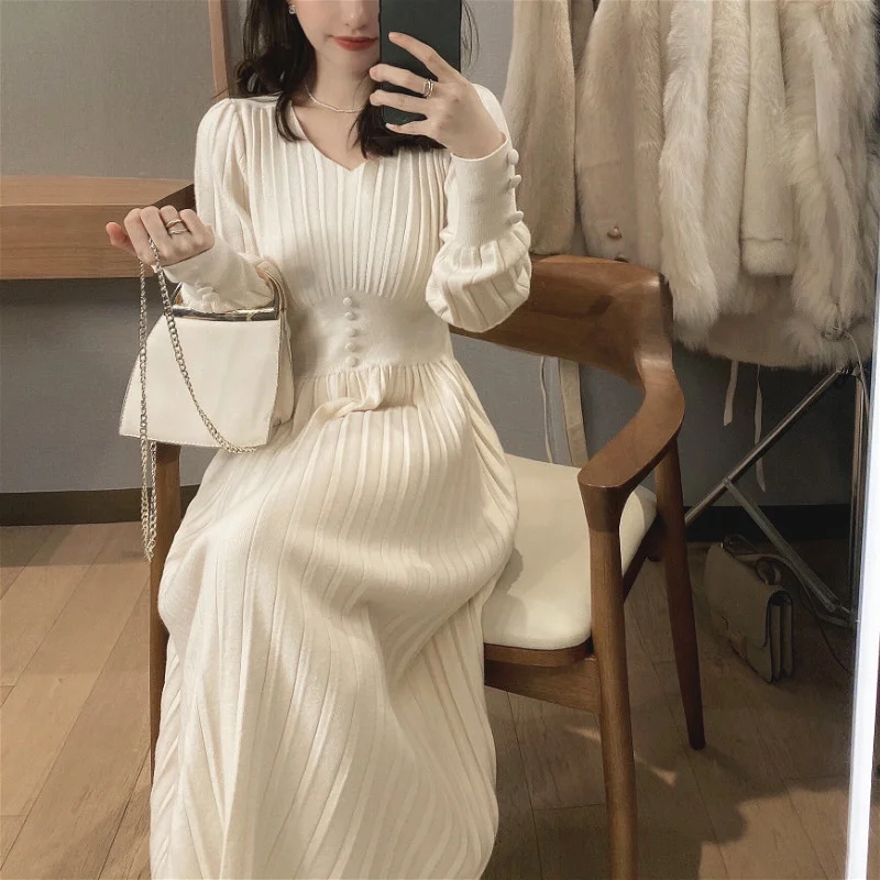 Knitted Dress Women Casual Long Sleeve Vintage Elegant Office Sweater Dress Female 2021 Autumn One Piece Dress Korean Outerwear 
Knitted Dress Women Casual Long Sleeve Vintage Elegant Office Sweater Dress Female 2021 Autumn One Piece Dress Korean Outerwear