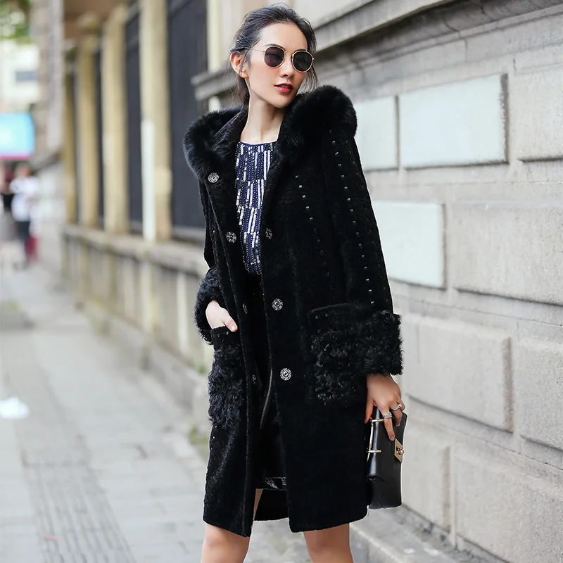 Coat Real Women's With Fox Collar Hooded Natural Sheep Shearling Jackets For Women Winter Warm Fur Coats WYQ239
Coat Real Women's With Fox Collar Hooded Natural Sheep Shearling Jackets For Women Winter Warm Fur Coats WYQ239