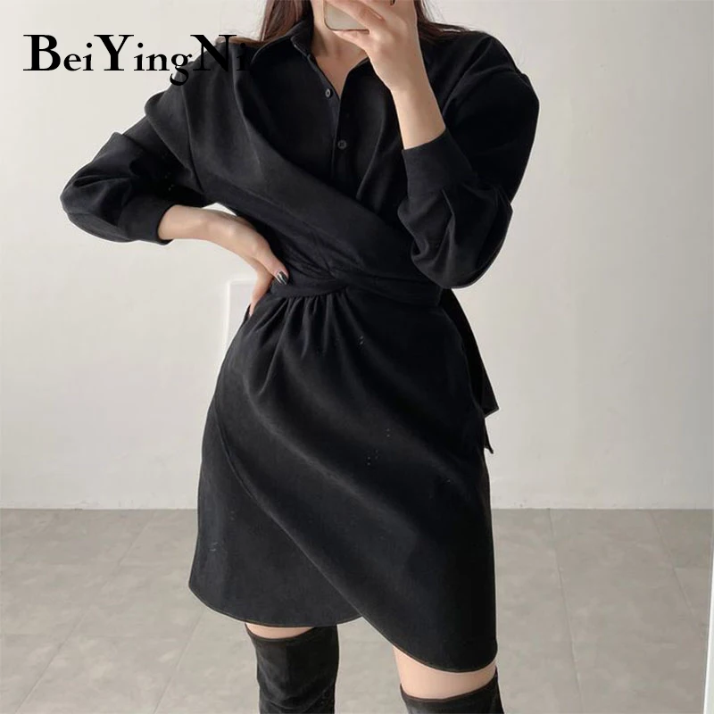 Фото Женское мини-платье Beiyingni с длинным рукавом на пуговицах повседневное корейское