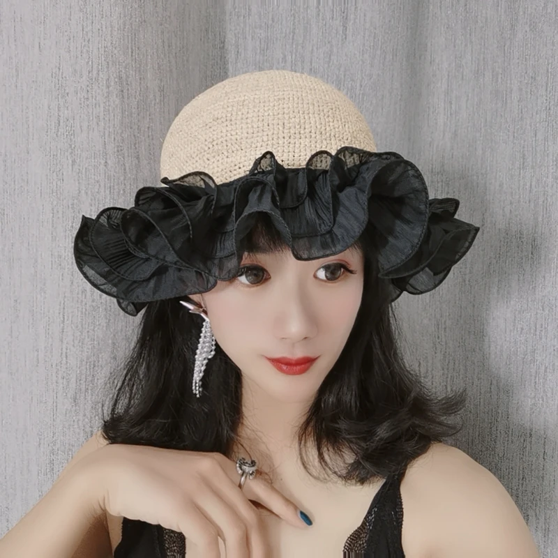 

Female Japanese agaric edge lace fisherman hat lafite grass splicing retro basin straw hat summer sunshade cap bucket hats