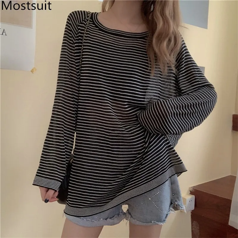 Thin Striped Knitted T Shirt Tops Women See-through Full Sleeve O-neck Sunscreen Tees Pullover Casual Fashion Loose T-shirt 2021
Thin Striped Knitted T Shirt Tops Women See-through Full Sleeve O-neck Sunscreen Tees Pullover Casual Fashion Loose T-shirt 2021