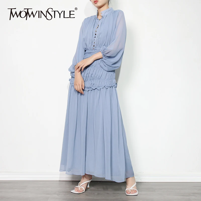 TWOTWINSTYLE Plain Ruffle Trim Dress Female Mock Neck Lantern Sleeve High Waist Blue Dresses Dress Woman New Clothing Fashion
TWOTWINSTYLE Plain Ruffle Trim Dress Female Mock Neck Lantern Sleeve High Waist Blue Dresses Dress Woman New Clothing Fashion