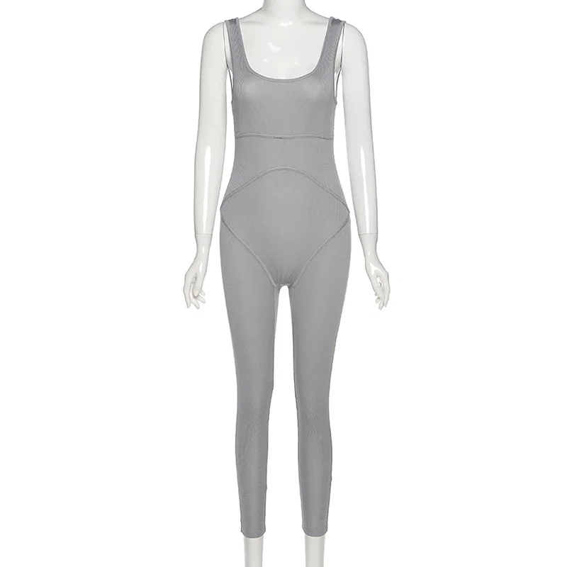 BOOFEENAA Sexy Ribbed Sleeveless Backless Bodycon Jumpsuit Sporty One Piece Outfits Jump Suits for Women Active Wear C87-AC40