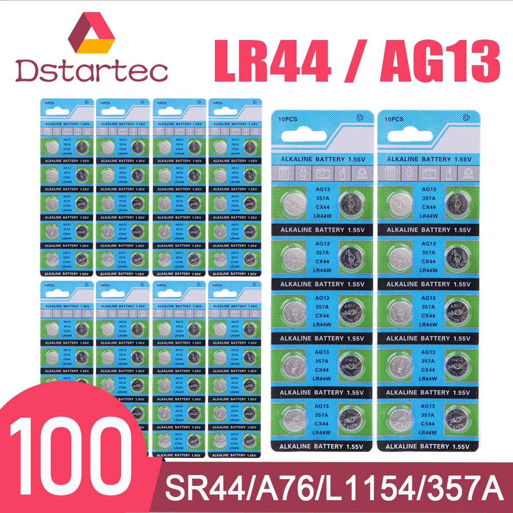 

100pcs 1.55V LR44 Batteries AG13 A76 L1154 357A 303 SR44 Alkaline Button Cell Battery for Watches Clocks Remotes Toys Electronic