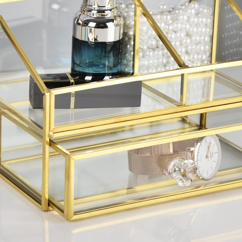 Glass Makeup organizer with drawer golden edge Cosmetic organizer jewelry rack Lipstick ring storage box makeup brush holder
Glass Makeup organizer with drawer golden edge Cosmetic organizer jewelry rack Lipstick ring storage box makeup brush holder