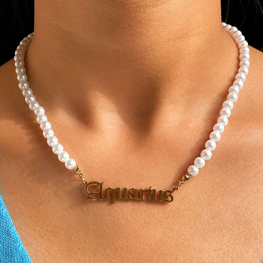 Punk Golden Stainless Steel Letters Pearl Beaded Necklace For Women 12 Constellation Letter Pearls Choker Necklaces Goth Jewelry
Punk Golden Stainless Steel Letters Pearl Beaded Necklace For Women 12 Constellation Letter Pearls Choker Necklaces Goth Jewelry