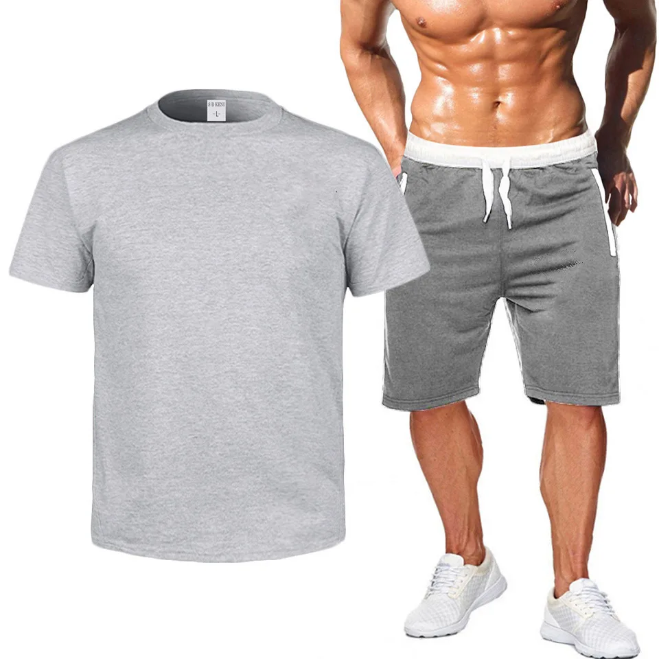Summer Men's T-shirt Set 2 Piece Sportswear Short Sleeve Fitness Basketball Suit + Shorts Short Sleeve Cotton Collar Suit