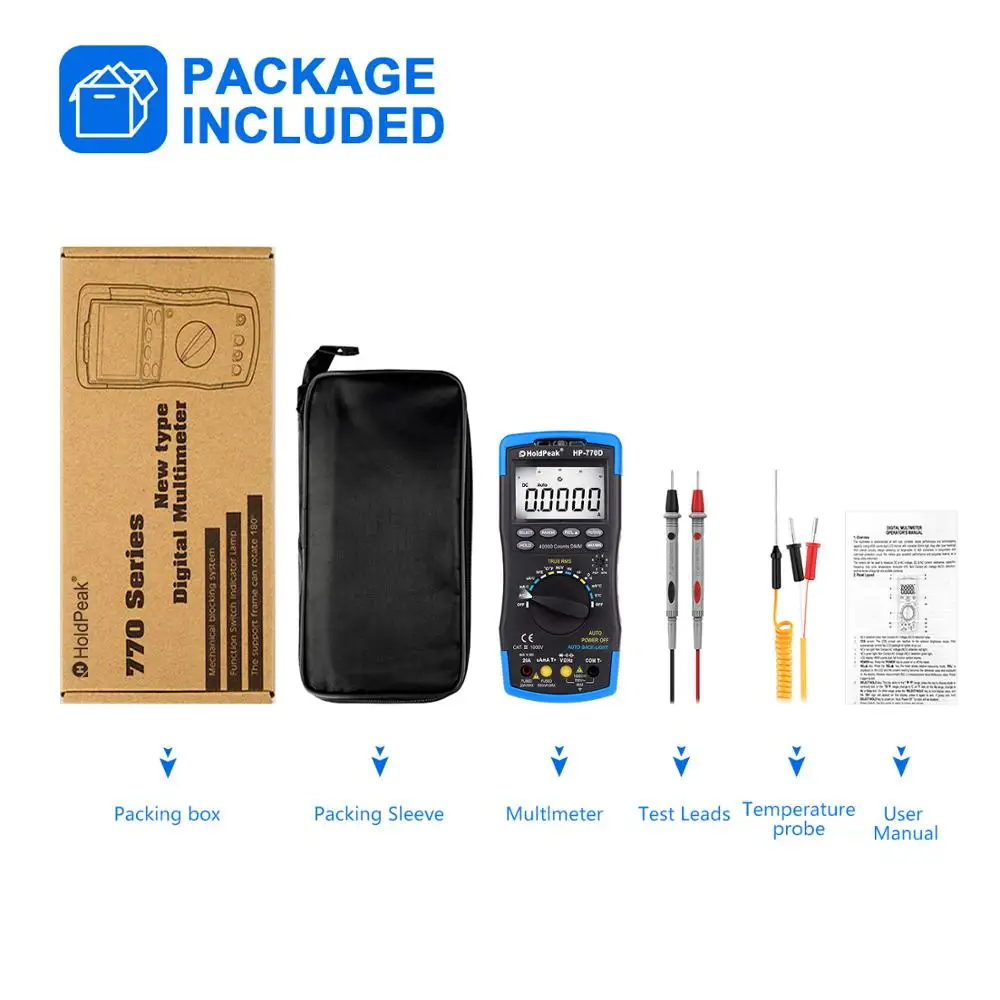 HoldPeak Digital Multimeter HP-770D High-Accuracy Auto Range True RMS 40000 Counts NCV AC DC Voltage Current Ohm Tester
HoldPeak Digital Multimeter HP-770D High-Accuracy Auto Range True RMS 40000 Counts NCV AC DC Voltage Current Ohm Tester