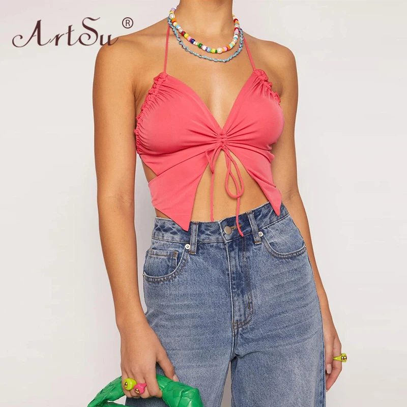 ArtSu Sexy Black Red Drawstring Bandage Crop Top Clubwear Backless V Neck Halter Tank Tops Women Summer Tops 2021
ArtSu Sexy Black Red Drawstring Bandage Crop Top Clubwear Backless V Neck Halter Tank Tops Women Summer Tops 2021