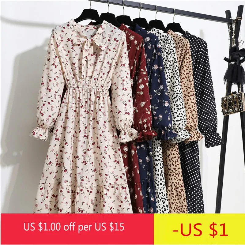 Vintage Floral Print Dress Korean Spring Autumn Bow Slim Fit A Line Casual Women Elegant Dress Lady Midi Party Chiffon Dresses
Vintage Floral Print Dress Korean Spring Autumn Bow Slim Fit A Line Casual Women Elegant Dress Lady Midi Party Chiffon Dresses