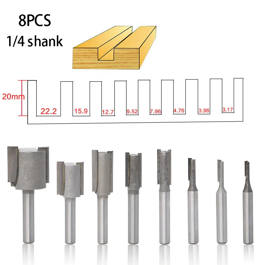 

1/4 Shank 6.35MM 8PCS high quality Straight/Dado Router Bit For wood Set Diameter cnc Wood Milling Cutter