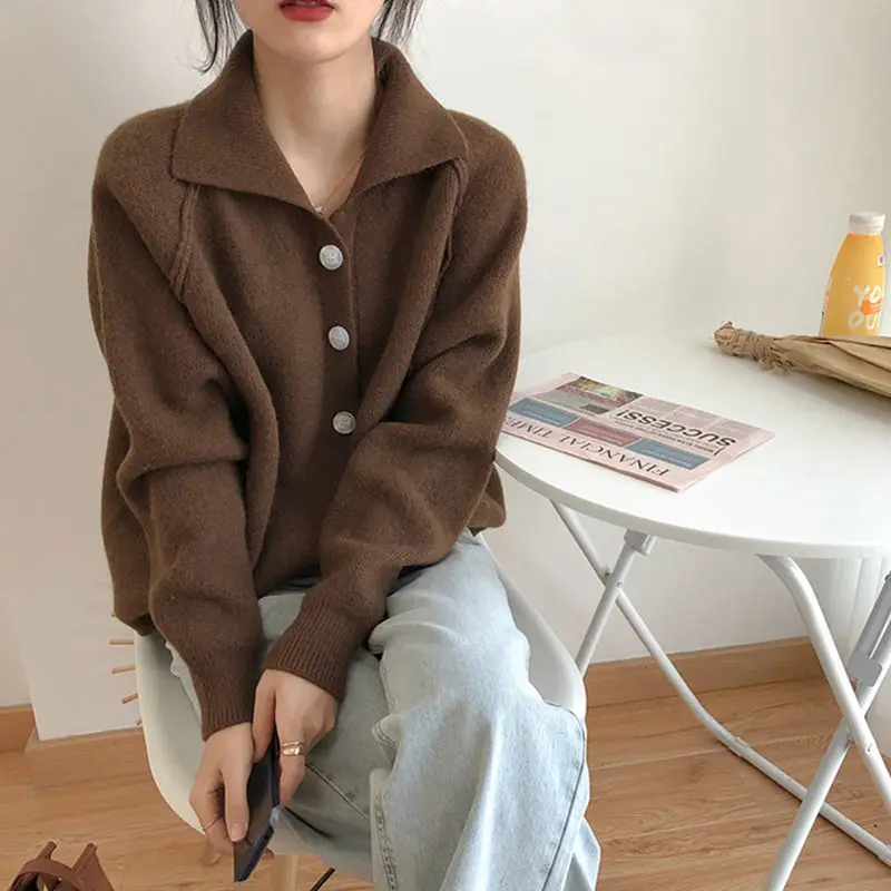 Autumn and Winter Thickening Korean Retro Lapel Lazy Sweater Women's Knitted Cardigan Button Bottoming Shirt
Autumn and Winter Thickening Korean Retro Lapel Lazy Sweater Women's Knitted Cardigan Button Bottoming Shirt