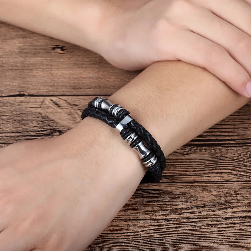 Leather Bracelet For Men Double-Row Black Braided Bangle Megnetic Wristband With Black Stainless Steel Ornaments
Leather Bracelet For Men Double-Row Black Braided Bangle Megnetic Wristband With Black Stainless Steel Ornaments