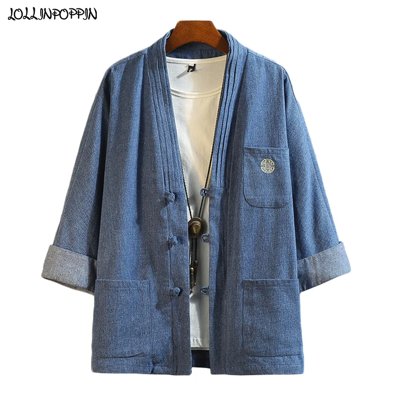Men Soft Blue Denim Kimono Jacket Frog Closures Embroidery Pattern Three Quarter Sleeves Japan Style Stand Collar Jean Jacket
Men Soft Blue Denim Kimono Jacket Frog Closures Embroidery Pattern Three Quarter Sleeves Japan Style Stand Collar Jean Jacket
